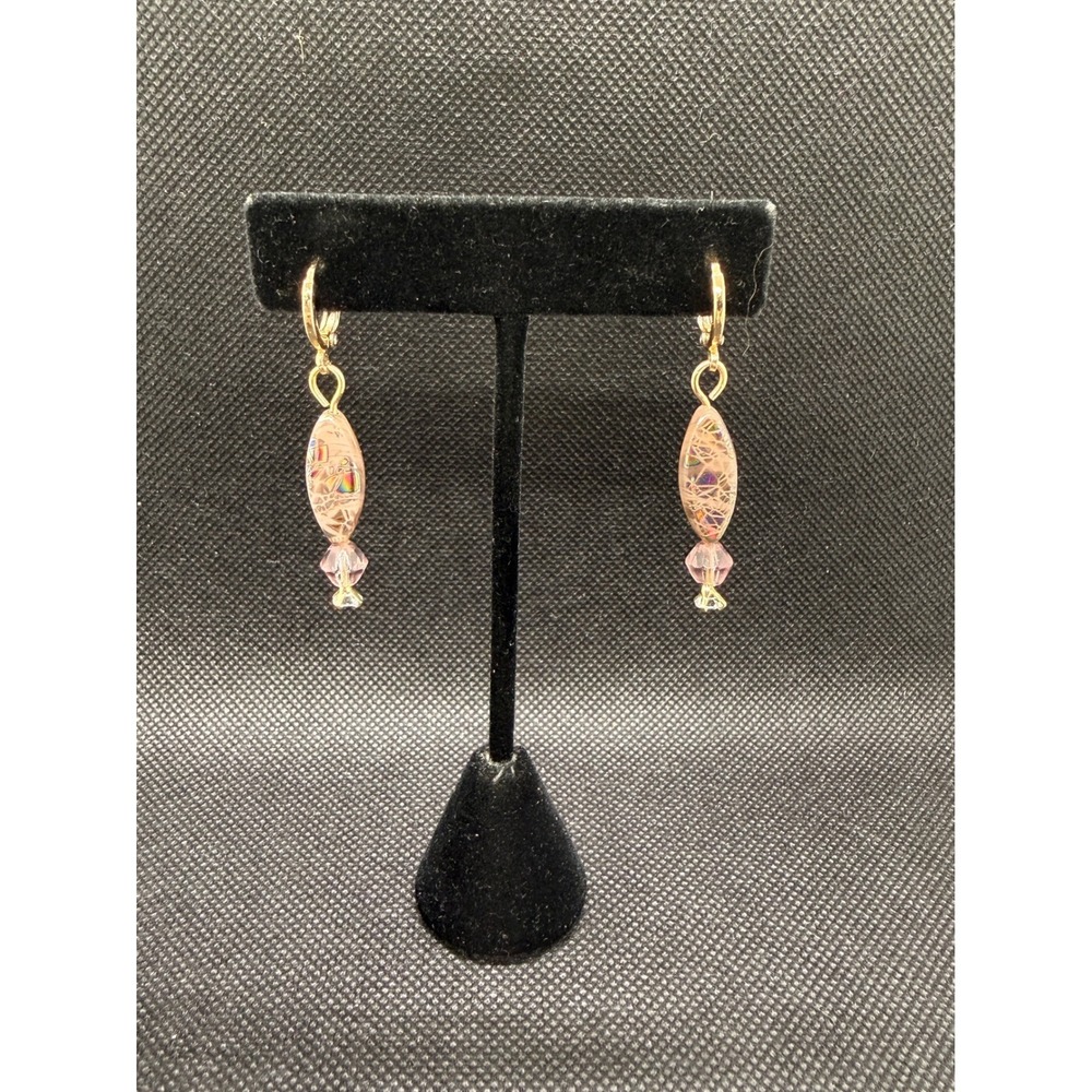 Pink Picasso Czech Glass Drop Earrings Gold Tone Lever Back Iridescent Dangle